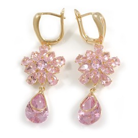 Pink CZ Floral Dangle Earrings in Gold Plated Metal with Leverback Closure - 50mm L