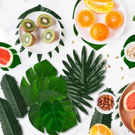 PietyPet Artificial Palm Leaves, 48 Pieces 4 Kinds Artificial Tropical Leaves Plant Palm Luau Party Faux Monstera Leaves for Hawaiian Luau Party Jungle Beach Table Leave Party Decorations