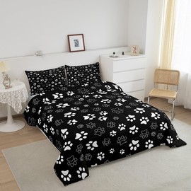 Manfei Dog Paw Print Comforter Set Queen Size, Black and White Animal Footprint Bedding Set for Kids Boys Girls Room Decor, Animal Theme Down Comforter, Soft Polyester Quilt Set,2 Pillowcases