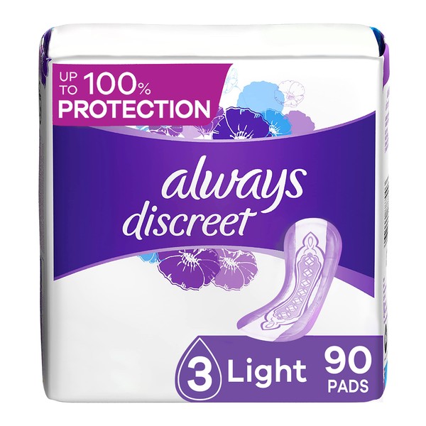 Always Discreet Adult Incontinence & Postpartum Pads for Women, Size 3, Light Absorbency, Regular Length, 30 Count x 3 Packs (90 Count total)