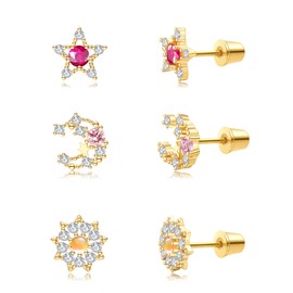 Hanreshe 3 Pairs Sun Moon Star Hypoallergenic Screw Back Titanium Earrings for Women Sun Moon Star Stud Flat Back Gold Studs Earrings