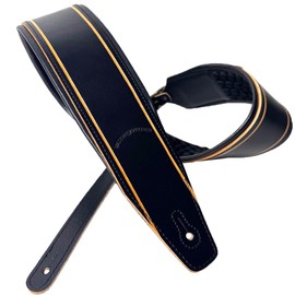 Walker And Williams FPB-42 Super Premium Full Length Grain Leather Air Cell Padded Guitar Strap In Black And Tan Finish, With Aged Nickel Buckle For Acoustic, Electric, And Bass Guitars.