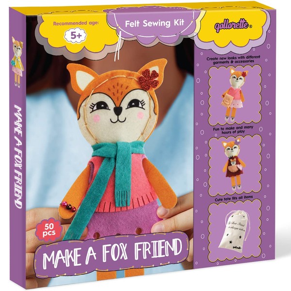 qollorette Felt Sewing Kit for Children, Make Your Own Fox Toy, Kids' Craft Kit - Make A Friend Sewing Kit - Beginner Sewing Kit for Kids, Learn to Sew & Play