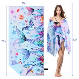 MelonBoat Mermaid Microfiber Beach Towel: 71"x35" Large Girls Beach Towel for Travel, Sand Free Super Absorbent Quick Dry, Lightweight Compact for Trip Vacation Beach Bath Camping Pool Swim, 1 Pcs