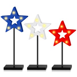 Lineshading 3 Pcs 4th of July Table Decorations Standing Star Block Set Patriotic LED Centerpieces Red White Blue Wooden Star Signs for Home Tabletop Tiered Tray Party Decor(Hollow Style)