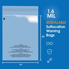 Spartan Industrial - 14” X 20” (100 Count) Self Seal Clear Poly Bags with Suffocation Warning for Packaging, Clothes & Shipping - Resealable Glue