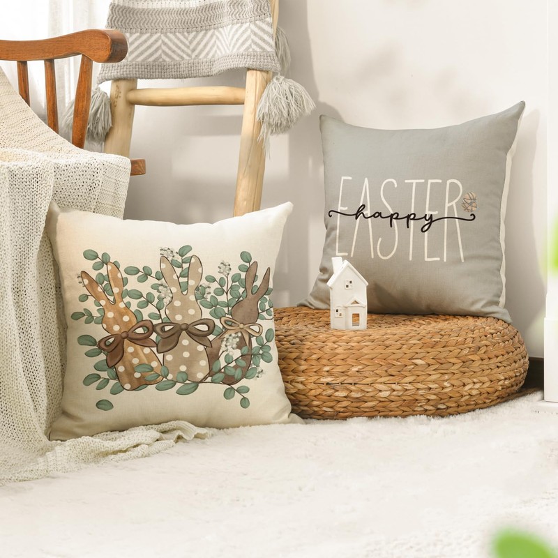 Artoid Mode Bunny Rabbits Eggs Eucalyptus Leaves Happy Easter Cushion