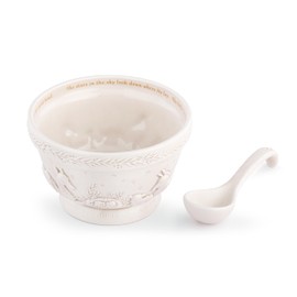 DEMDACO Christmas Journey White 3.5 x 6 Inch Earthenware Festive Kitchen Décor, Religious Holiday, Small Dish For Everyday or Entertaining Serving Bowl with Spoon, 2 Piece Set Away in a Manger
