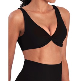 Sunvalix Sports Bra for Women - Twist Front V Neck Workout Bras with Removable Pads,Black,X-Small