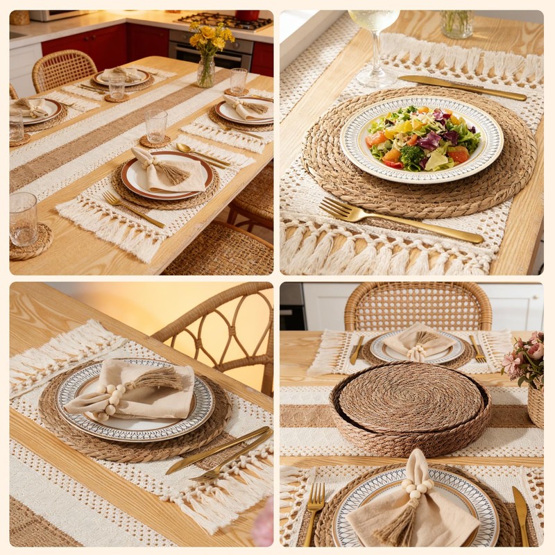 Swiscena 32 Pcs Boho Placemats Table Setting Set (6 Sets),Hand-Woven