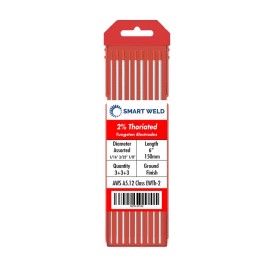 Smart Weld 2% Thoriated TIG Welding Tungsten Electrode Red .040 1/16" 3/32" 1/8" Length 6" - 9pk (1/16, 3/32, 1/8, 3 each)