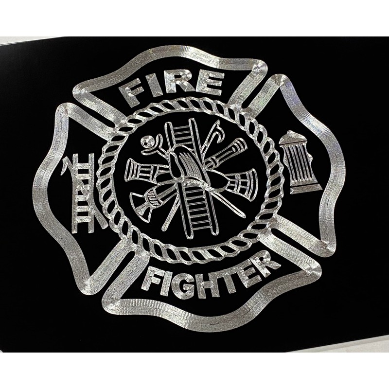 Firefighter Emblem Engraved Car Tag Diamond Etched on Black Aluminum