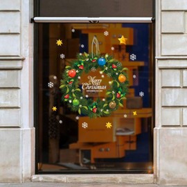 Dosminer Green Christmas Wreath Window Stickers, Vibrant Garland with Gifts and Fruits Snowflake Window clings, Removable Murals Home Decorations Party Supplies