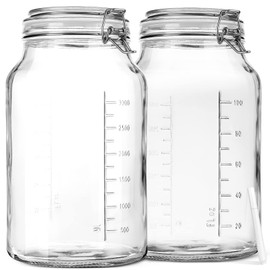 1 Gallon Super Wide Mouth Glass Storage Jars with Airtight Lids and 2 Measurement Marks, Leak Proof Glass Container with Hinged Lids, Large Pickle Jars with Labels and Silicone Gasket, 2 Pack