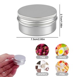 Jicyor Pack of 20 Containers, 50 ml Aluminium Cans, Empty Round Silver Tins, Cream Jars for Filling (2 Label Stickers and 20 Mini Spatulas)