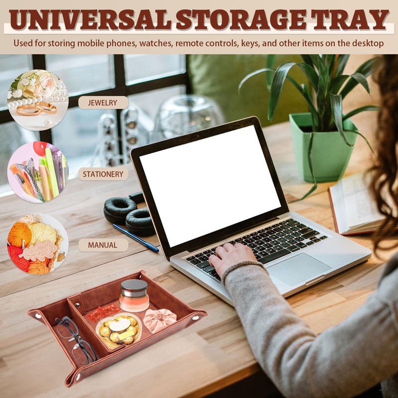 Diakey Leather Valet Tray for Men, 2 Slots Nightstand Organizer