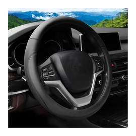 FALVFUN Car Steering Wheel Cover, 14.5"-15" Leather Anti-Slip Sporty Vehicle Steering Wheel Protector, Soft Breathable Auto Interior Decoration Accessories, Universal for SUV Truck Sedan (Black)