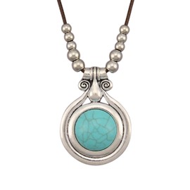 joymiao Chunky Necklace for Women Bohemian Long Leather Rope Necklace with Silver Turquoise Pendant Hippie Statement Jewelry