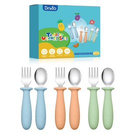 DRKIO 6 Pieces Toddler Utensils Set - Kids Silverware Set with Silicone Handle Children Safe 18/8 Stainless Steel Forks and Spoons Anti-Choke Design Food Grade Dishwasher Safe