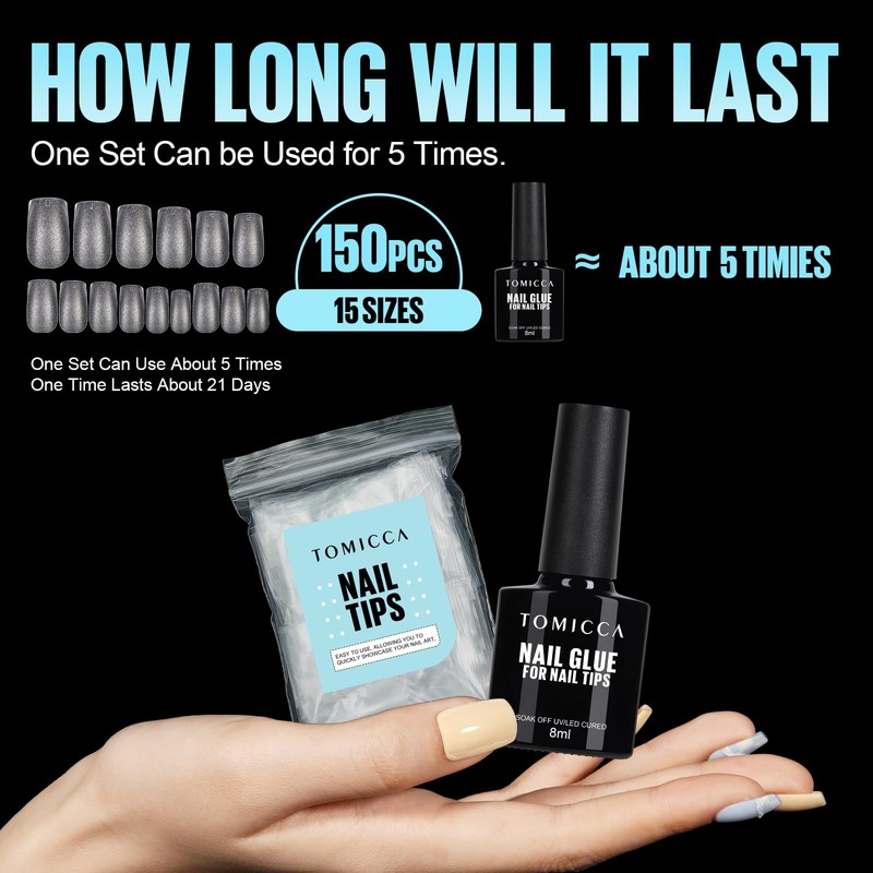 TOMICCA Short Square Nail Tips with Nail Glue Set, Nail