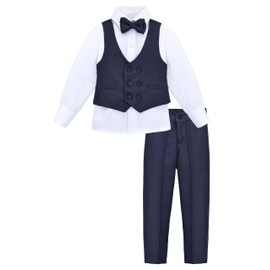 Lilax - Conjunto de traje para niños pequeños y pequeños, chaleco de traje formal, camisa de vestir blanca, pantalones de vestir y pajarita de 4 piezas, marino, 5 Años