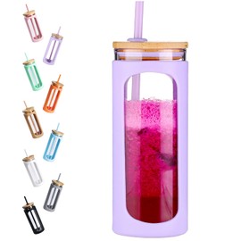 Kodrine 20oz Glass Water Tumble with Straw and Lid, Bamboo Lids Water Bottle, Iced Coffee Cup Reusable, Wide Mouth Smoothie Cups, Straw Silicone Protective Sleeve BPA FREE-Purple