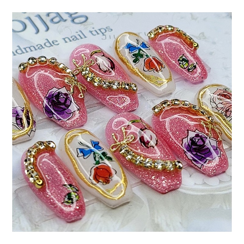 Flower illustration handmade nail tips, pedi tips - Stiletto M