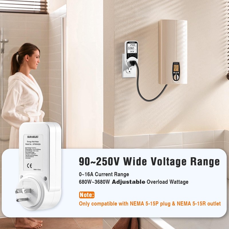 Suraielec Watt Meter, Plug-in Socket Power Meter, 90V-250V Wide Range,