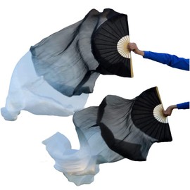 Yizhiwu Women 1 Pair(Left+Right) 180 * 90 CM Belly Dance Fan Veil Silk (Black white)
