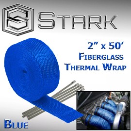 Stark 2" x 50FT Exhaust Header Fiberglass Heat Wrap Tape w/ 5 Steel Ties - Blue (T)
