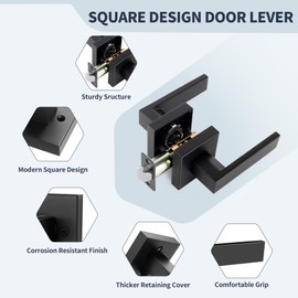LOQRON Heavy Duty Passage Door Lever Non-Locking, Square Design Interior Door Lever No Lock, Reversible Handle for Hallway and Closet Door Lock, Matte Black