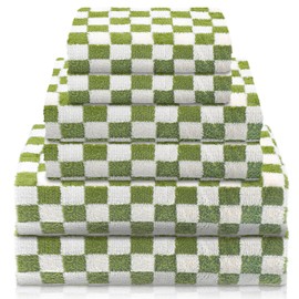 Kinlop 6 Pcs Bath Towels Set Checkered Towels Flower Washcloth Coral Fleece Soft Quick Dry Lightweight Bathroom Towel for Home Gym Spa Beach Accessories(Green,Checkered)
