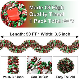 50 Feet Christmas Tinsel Garland Metallic Tinsel Garland Christmas Tree Decorations for Christmas Indoor and Outdoor Decoration (Red, Green and Silver)