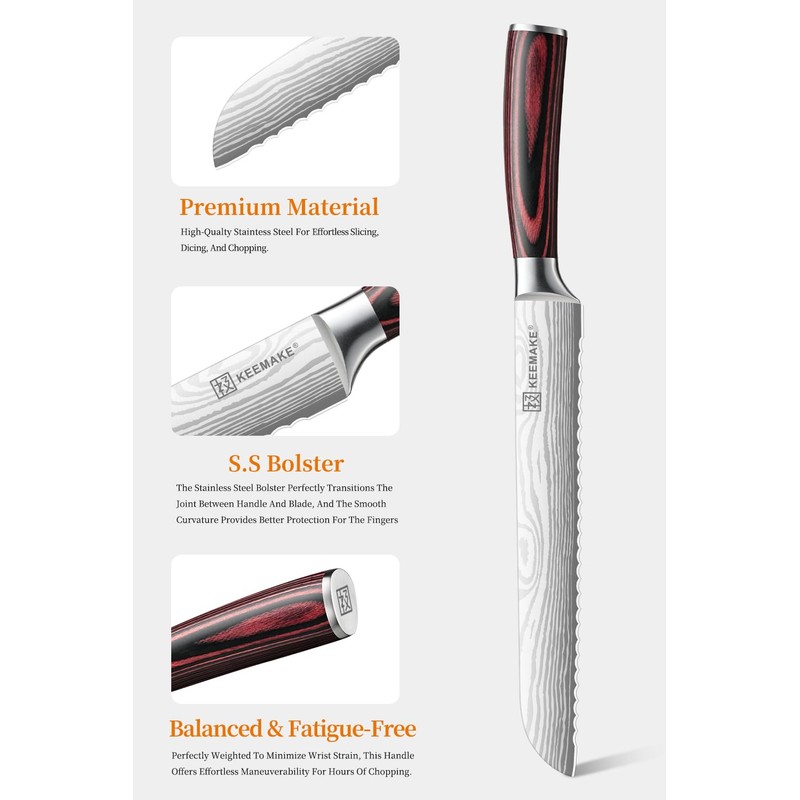 KEEMAKE Serrated Bread Knife 8-inch Ultra Sharp High Carbon Stainless