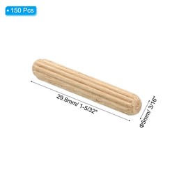 PATIKIL 3/16" x 1-5/32"(5 x 30mm) Wood Dowel Pins, 150 Pack Fluted Wooden Dowel Pin Straight Groove Rods for Furniture Door Art Crafts Projects