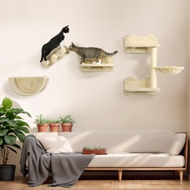 PawHut Cat Wall Shelves, 4-Pcs Climbing Shelf with Hammock, 3 Steps, Scratching Post, for Sleeping, Playing, Beige