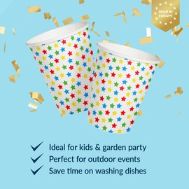 PAW - Disposable Paper Cups (8,5 oz, 50-Pack), Hot & Cold Paper Coffee Cups, Fun Drinking Cups with Colorful Stars Theme for Birthday, Kids Party, Picnic, Garden Party, BBQ, New Year's Eve