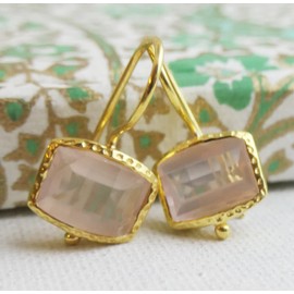 Rectangular Step Cut Rose Quartz Gold Plated 925 Sterling Silver Earrings