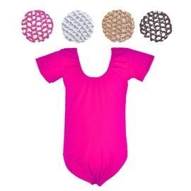 GoForDance Crochet Hair Bun Cover with 28 Rhinestones and Leotard Set (Large-Girl, F-fs-wt-tn-bw)