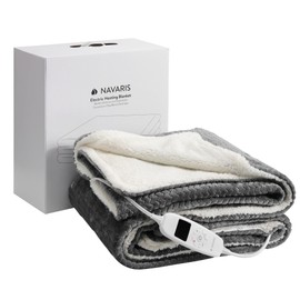 Navaris Heated Throw Blanket - Luxury Comfort with 10 Heat Modes, Plug in Electric Heater Overblanket - Overheat Protection Machine Washable Faux Fur Top Cover Blanket - Grey White