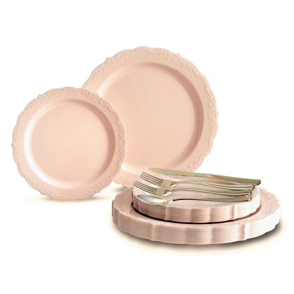 " OCCASIONS " 150 Piece set (25 Guests)-Vintage Wedding Plastic Plates & cutlery -Disposable Dinnerware 10'', 7.5'' + Silverware w/double fork (Verona Blush)