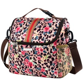 Women Insulated Lunch Bag,Large Lunch Tote Bag with Detachable Shoulder Strap and Buckle Handle Floral