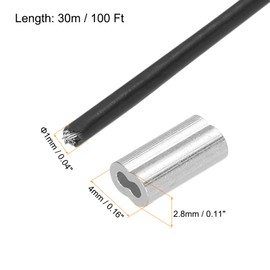 sourcing map 100Ft(30M) Wire Rope 304 Stainless Steel Cable 3/64"(1mm) Vinyl Coated with 10Pcs Aluminum Sleeves for Hanging, Clotheslines, Black