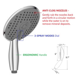 Ana Bath Anti-Clog Wide High Pressure 6-Inch 3-Function Showerhead with Handheld Combo with Extra Long 8 Foot Stainless Steel Shower Hose/Brass Connector/All Chrome Finish (SS323224CCP)