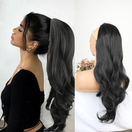 Long Black Wavy Layered Drawstring Ponytail Extension for Black Women,Synthetic Curly Multi Layered Black Ponytail Hair Extension Clip in Wavy Ponytail Hair Piece Fit for Daily Party 26inch(1B)