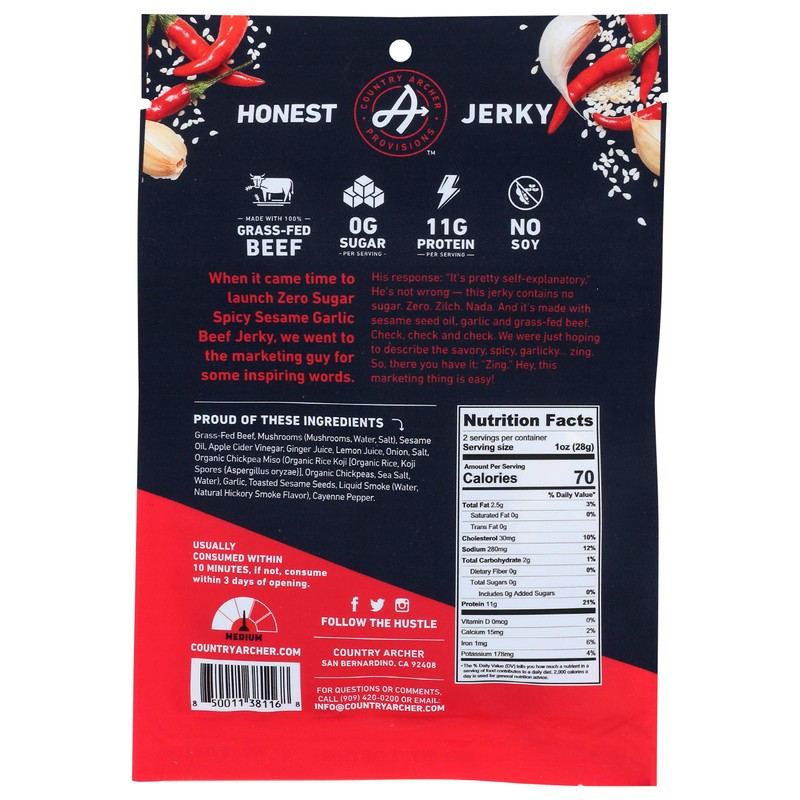 Country Archer, Jerky Beef Spicy Sesame Garlic, 2 Ounce
