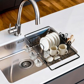 KUK Dish Drying Rack in Sink, Expandable Stainless Steel Over the Sink Dish Rack with Cutlery Holder & Cup Holders, Large Kitchen Racks for Dishes Vegetables Fruits (Black)