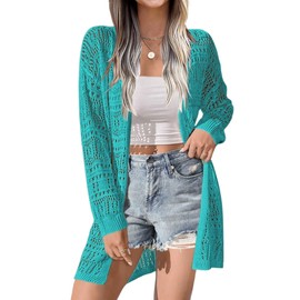 Zeagoo Womens 2025 Summer Crochet Cardigan Sweaters Lightweight Long Sleeve Open Front Kimono Boho Knit Cover Ups Teal