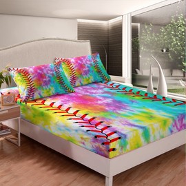 Kids Baseball Bedding Set Boys Girls Softball Sports Game Bed Sheet Set Girly Colorful Tie Dye Fitted Sheet Teens Men Baseball Gaming Bed Cover Rainbow Room Decor Full Size 4Pcs Bedding Sheet