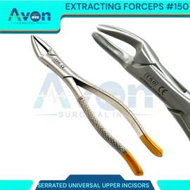 Dental Extracting Extraction Serrated Forceps #150, for Maxillary incisors, Canines, premolars and Roots, Premium Gold Handle, Stainless Steel